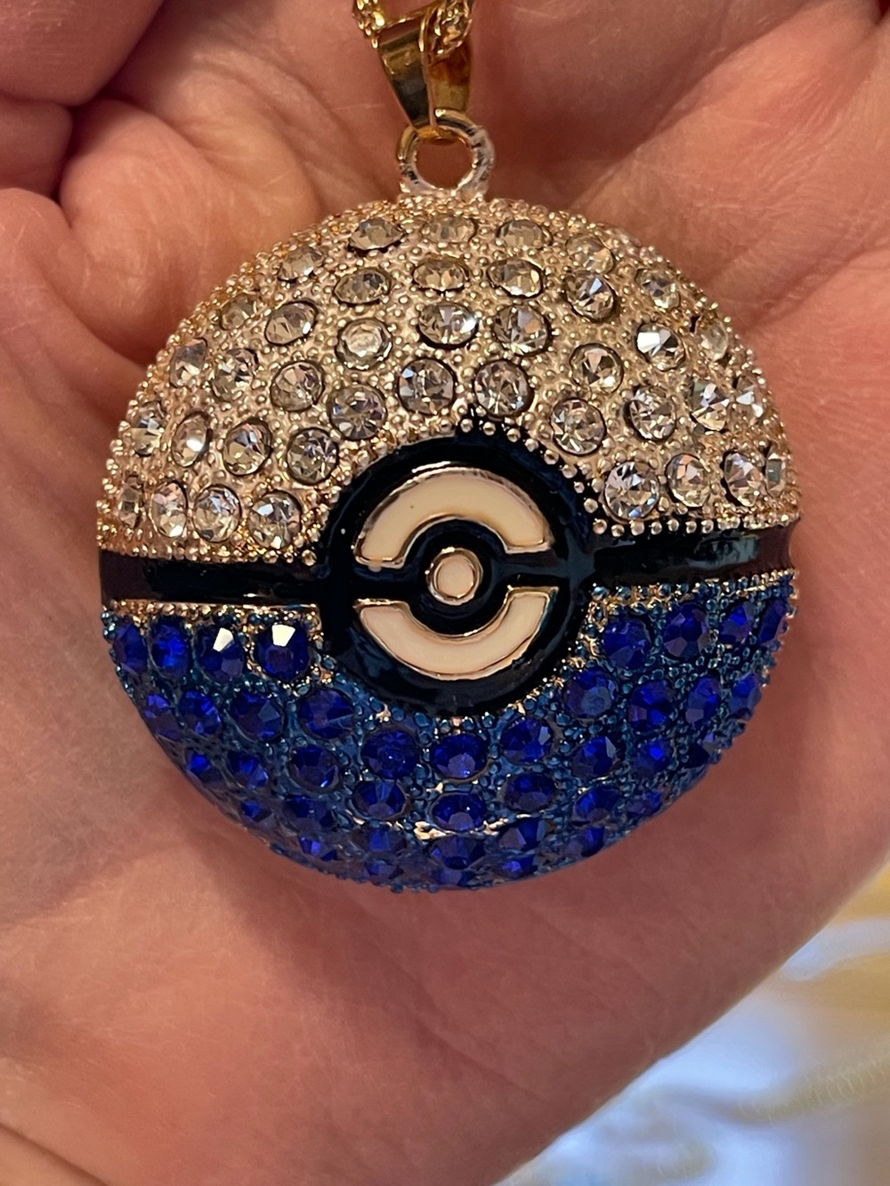 Pokémon Poke-ball  Pendant Necklace - White & Blue Rhinestones. NWOT